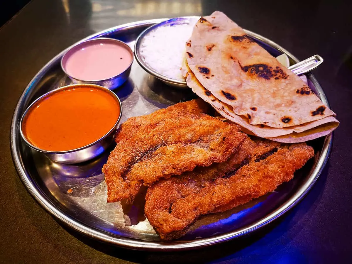 Bombay duck thali in Mumbai, bombil fillets coated in semolina and rice flour
