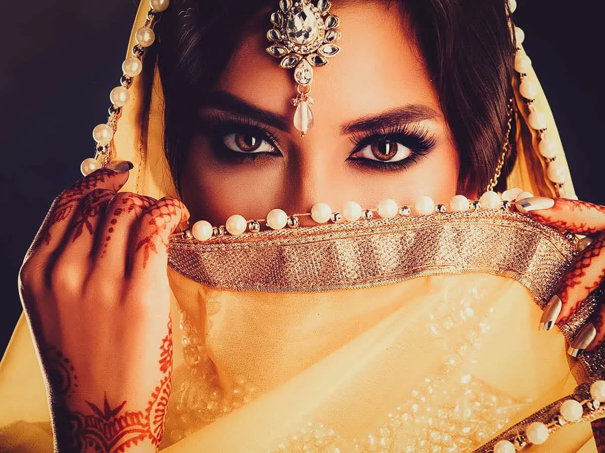 Indian woman covering half her face with a veil