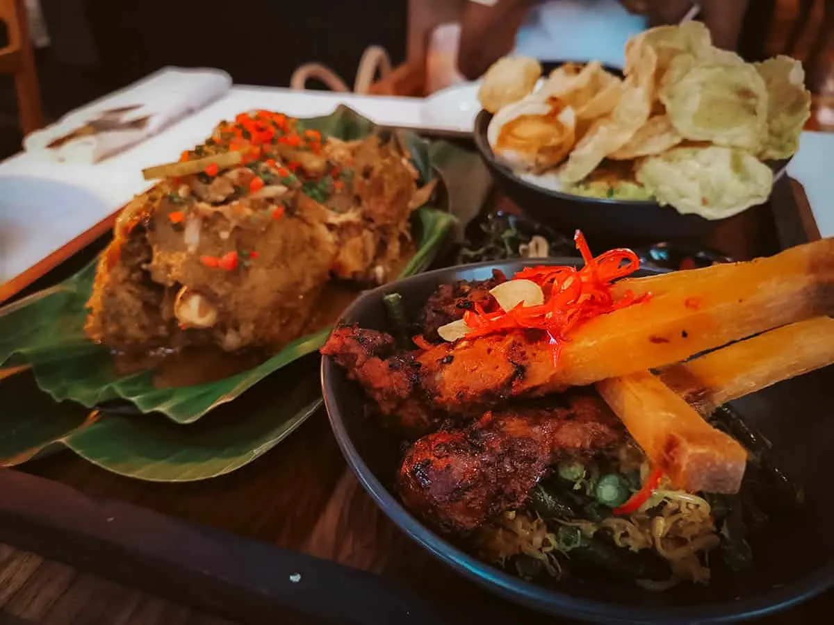 Bebek betutu, satay, and gado-gado at Chandi, an Indonesian  fine dining restaurant in Bali
