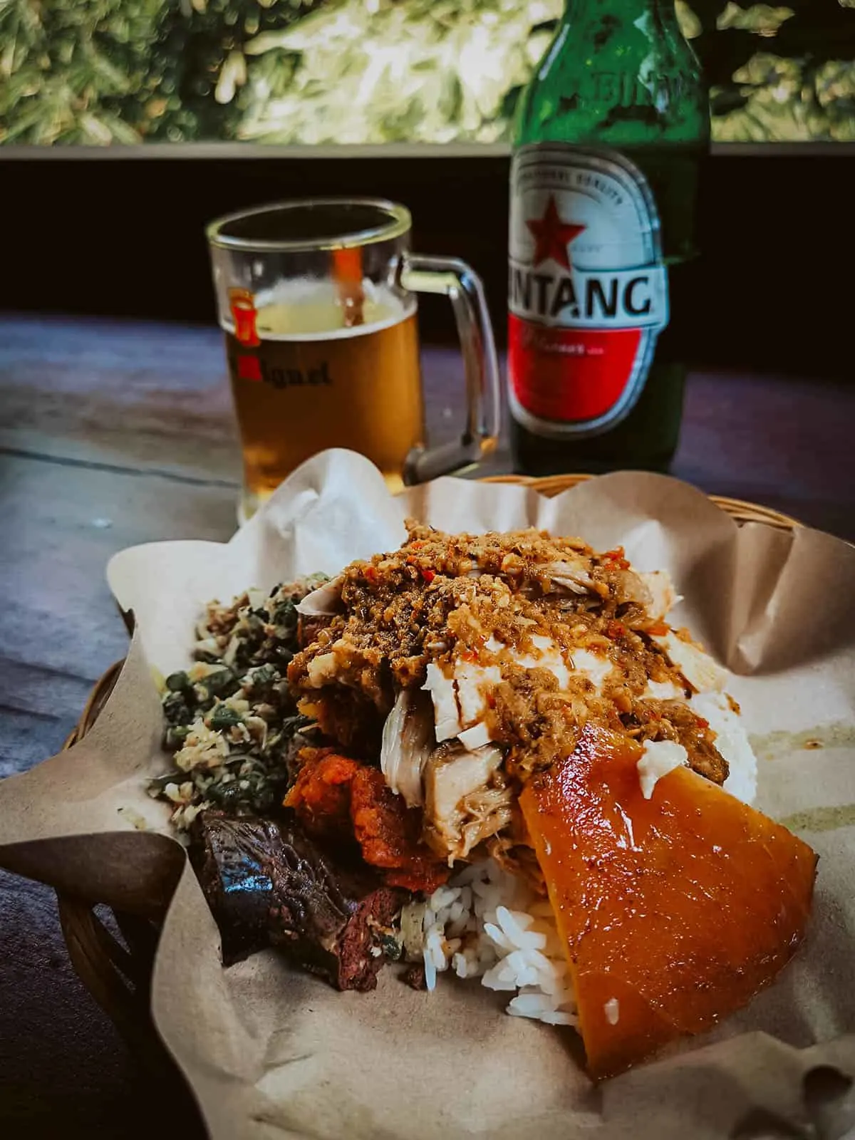 Roast pig and Bintang beer at a famous restaurant in Bali