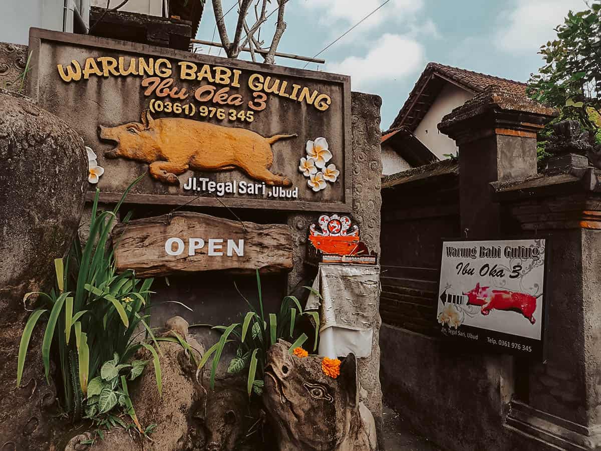 Bali Food Guide: 14 Must-Eat Restaurants in Bali, Indonesia Signage for Ibu Oka, a popular restaurant in Bali
