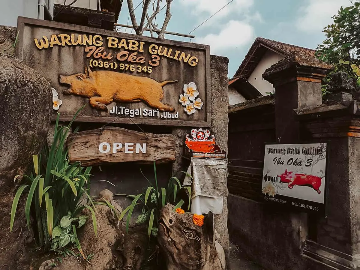 Signage for Ibu Oka, a popular restaurant in Bali
