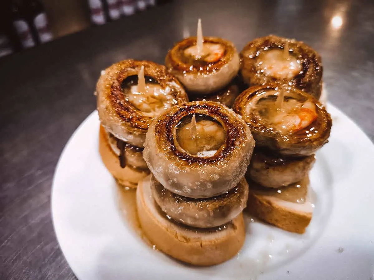 Mushroom pintxos in olive oil from a Spanish tapas bar in Logroño