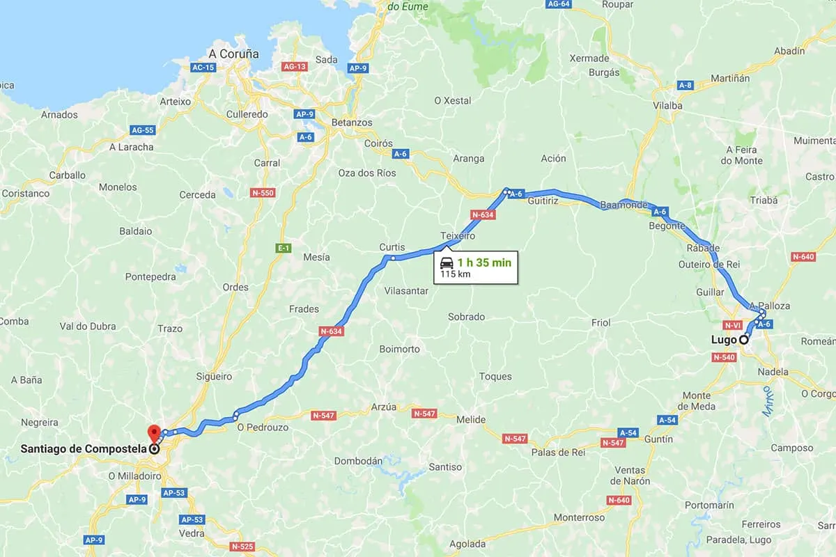 Driving from San Sebastian to Santiago de Compostela in Spain