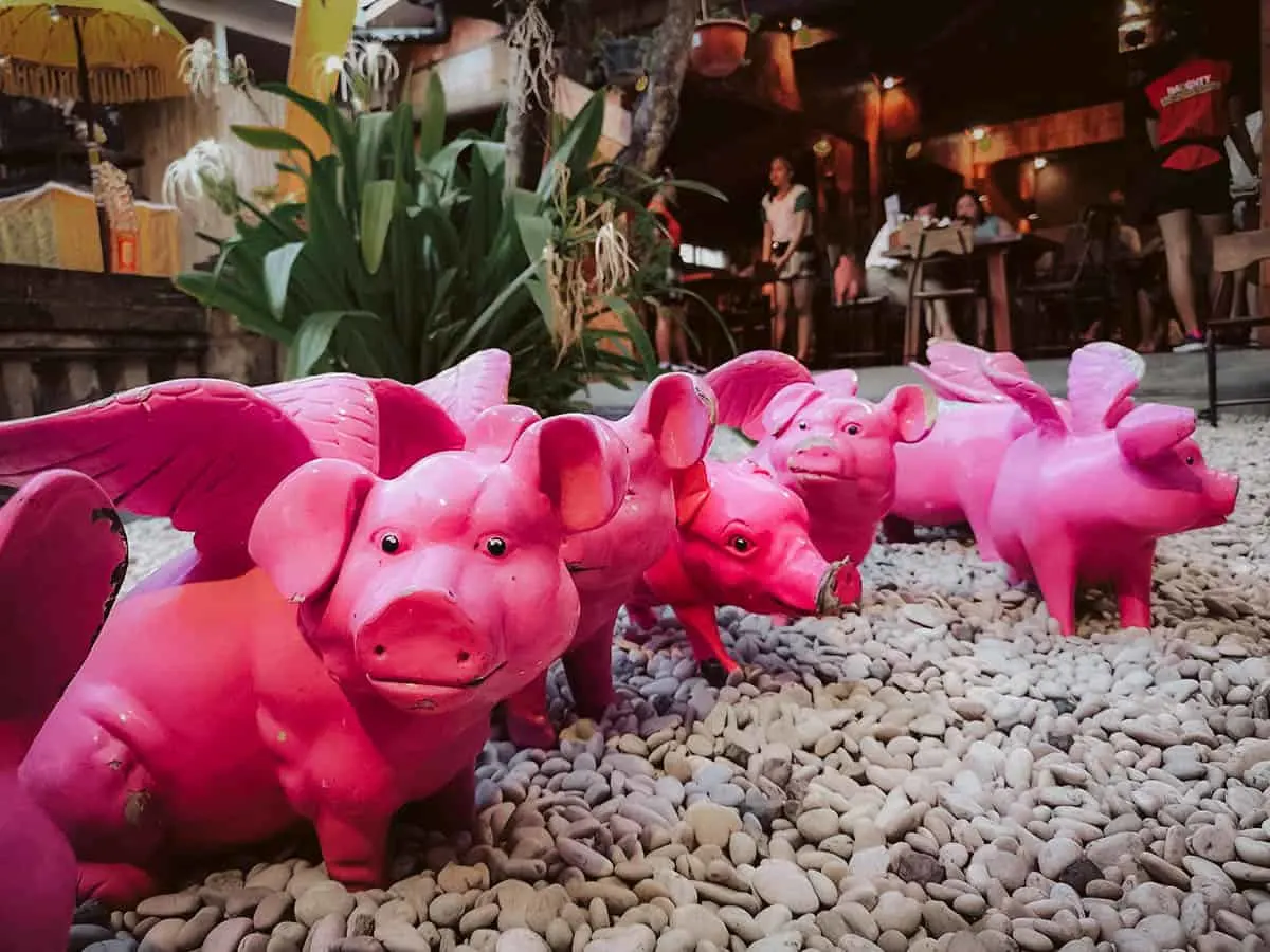 Decorative pigs at Naughty Nuri's, a popular Indonesian restaurant in Bali
