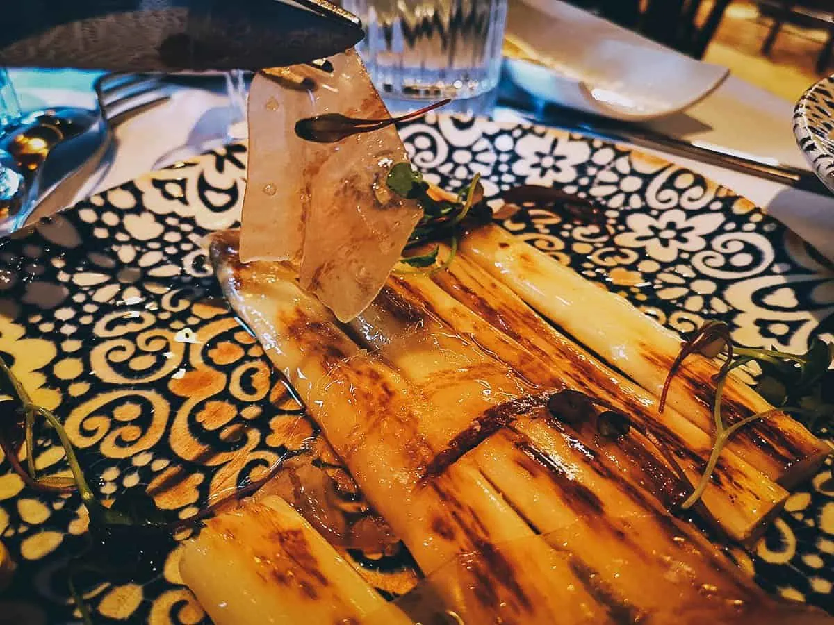 White asparagus dish with bacon at La Corte de Pelayo restaurant in Oviedo, Spain