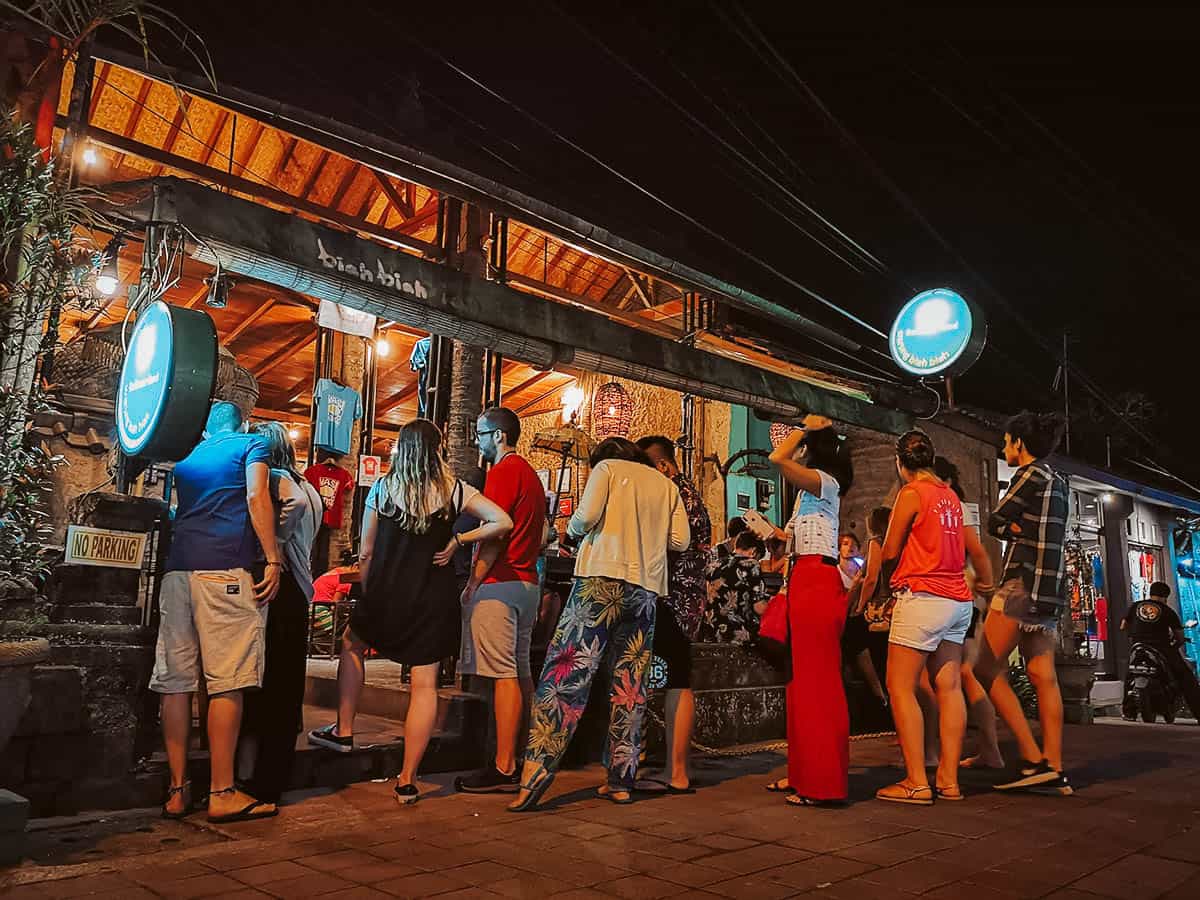Bali Food Guide: 14 Must-Eat Restaurants in Bali, Indonesia Line outside Warung Biah Biah, a popular restaurant in Bali