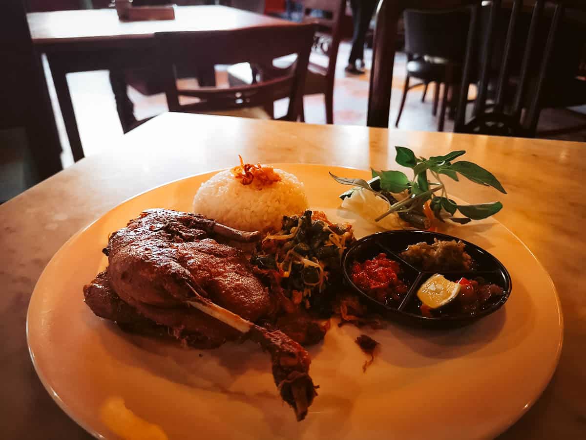 Bebek goreng at an Indonesian restaurant in Bali