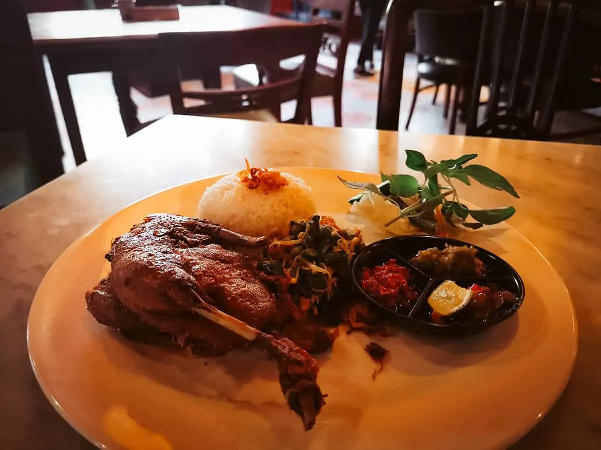 Bebek goreng at an Indonesian restaurant in Bali