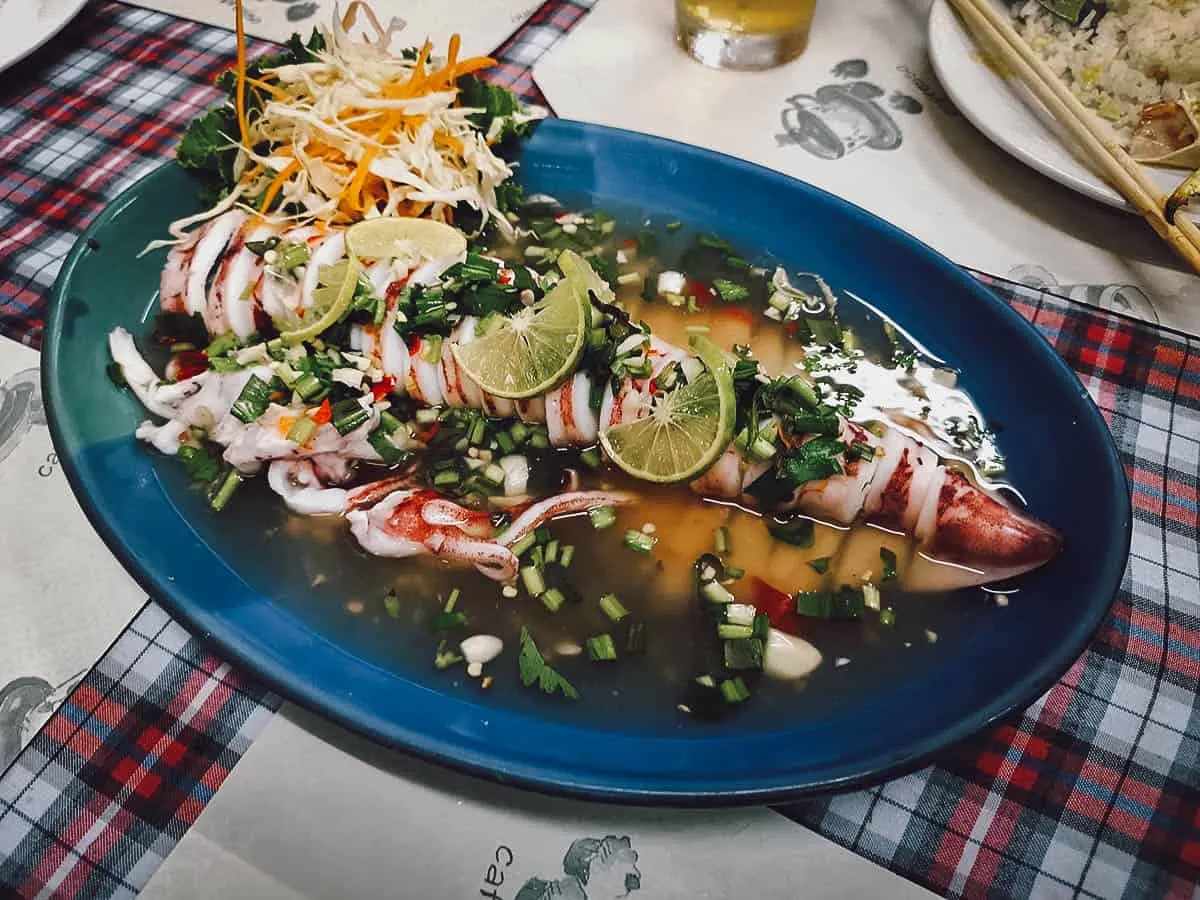 Squid at Kwong Shop Seafood restaurant in Kata Beach, Phuket, Thailand