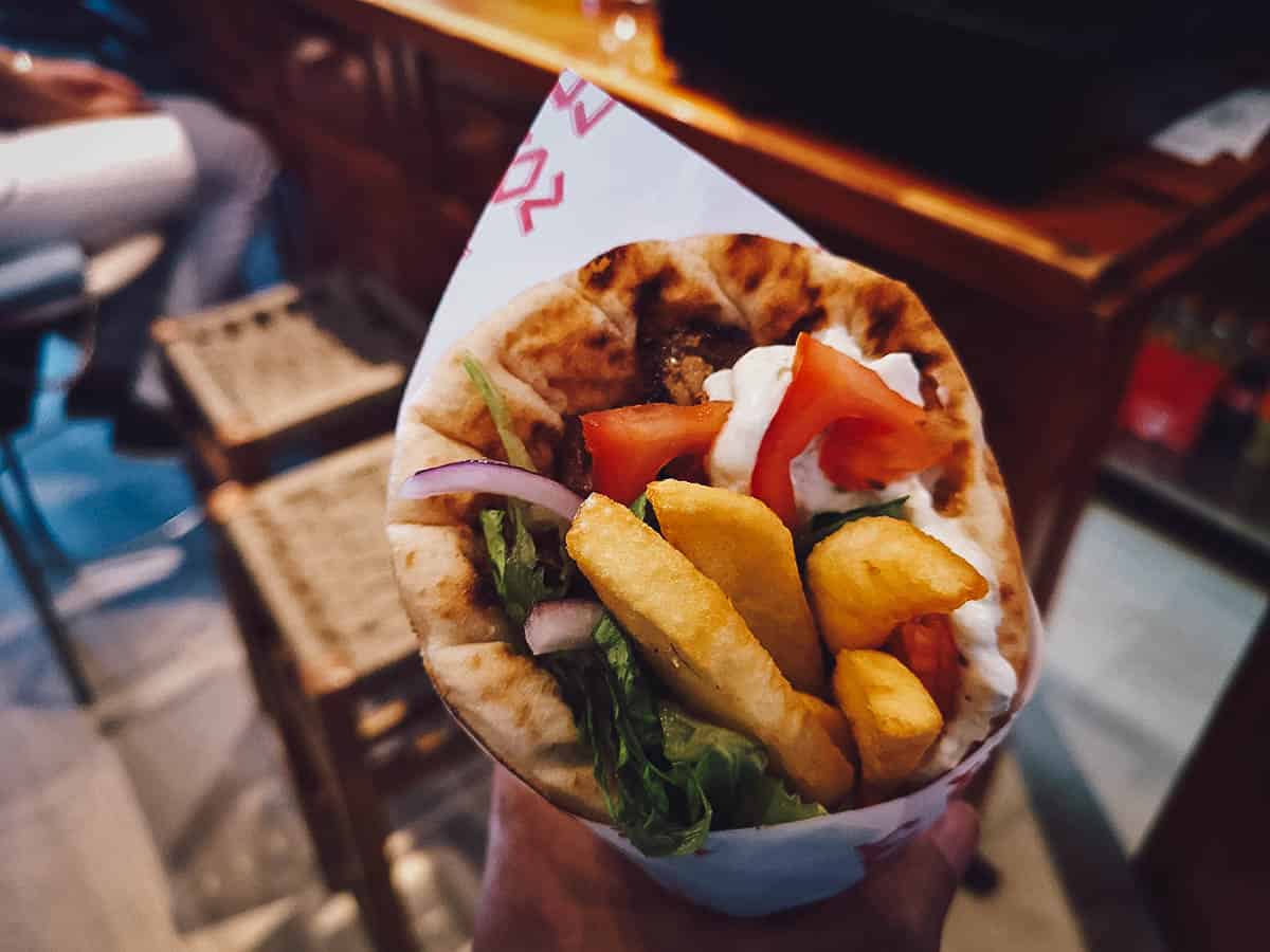 Souvlaki at Lucky's Souvlakis, Santorini, Greece