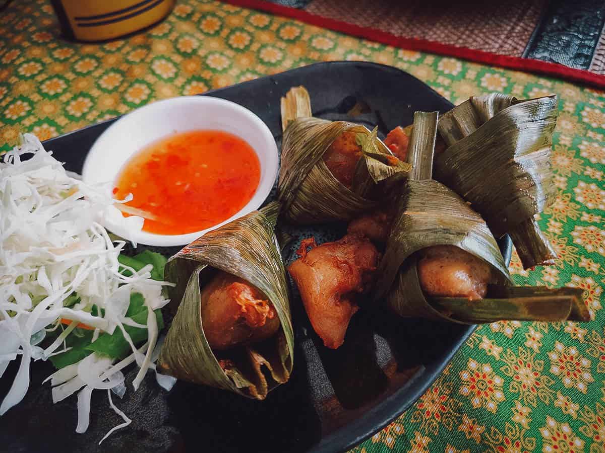 Pandan chicken, a popular Thai food made with pandan leaves