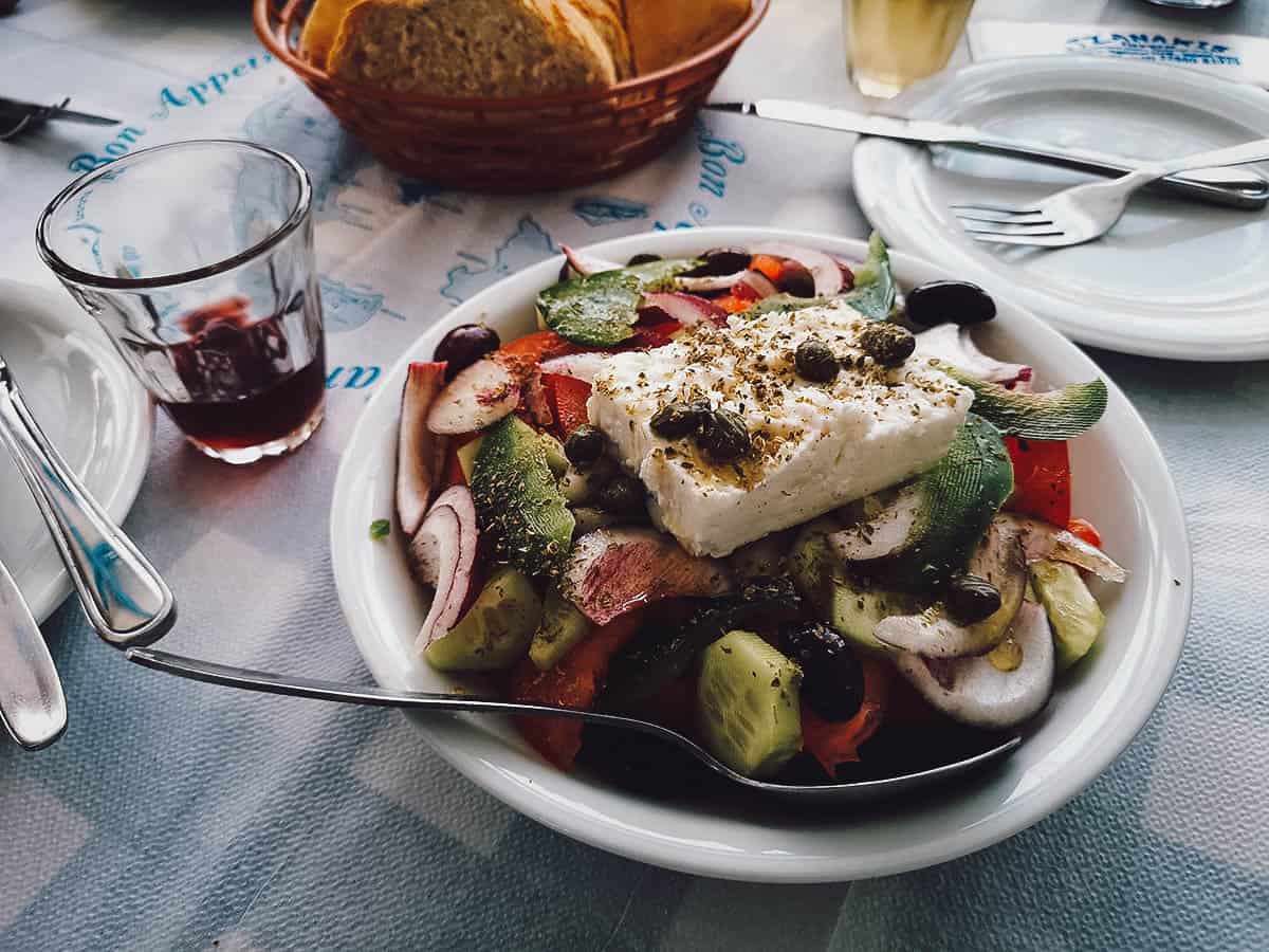 Greek salad made with feta cheese and fresh vegetables