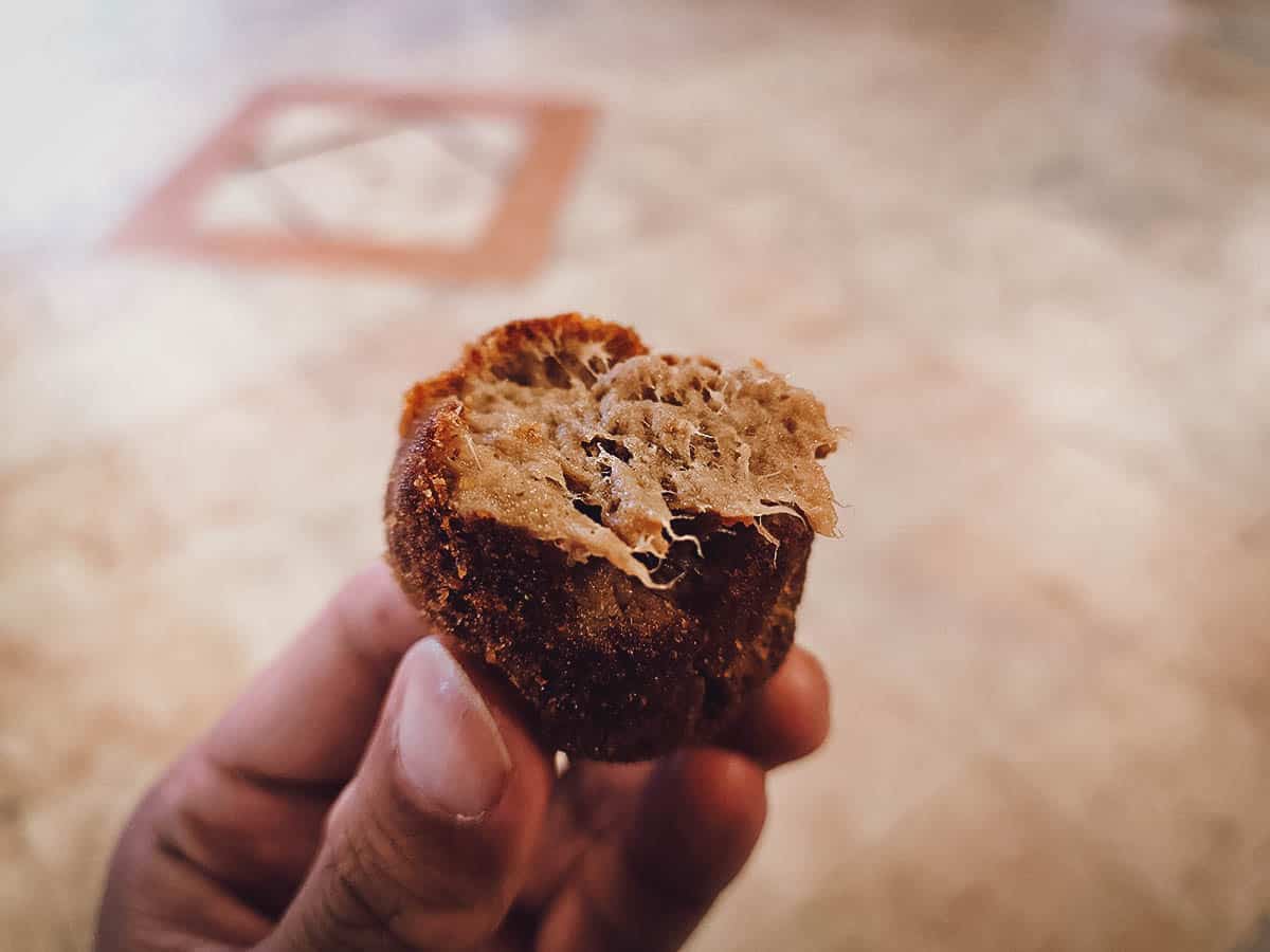 Inside a Portuguese meat croquette