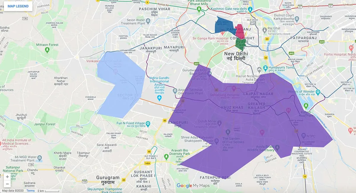 Mapa del área de Delhi