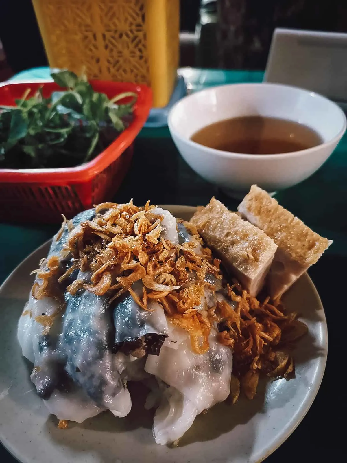 Banh cuon with bean sprouts and fresh herbs, a popular regional Vietnamese noodle dish in Hanoi