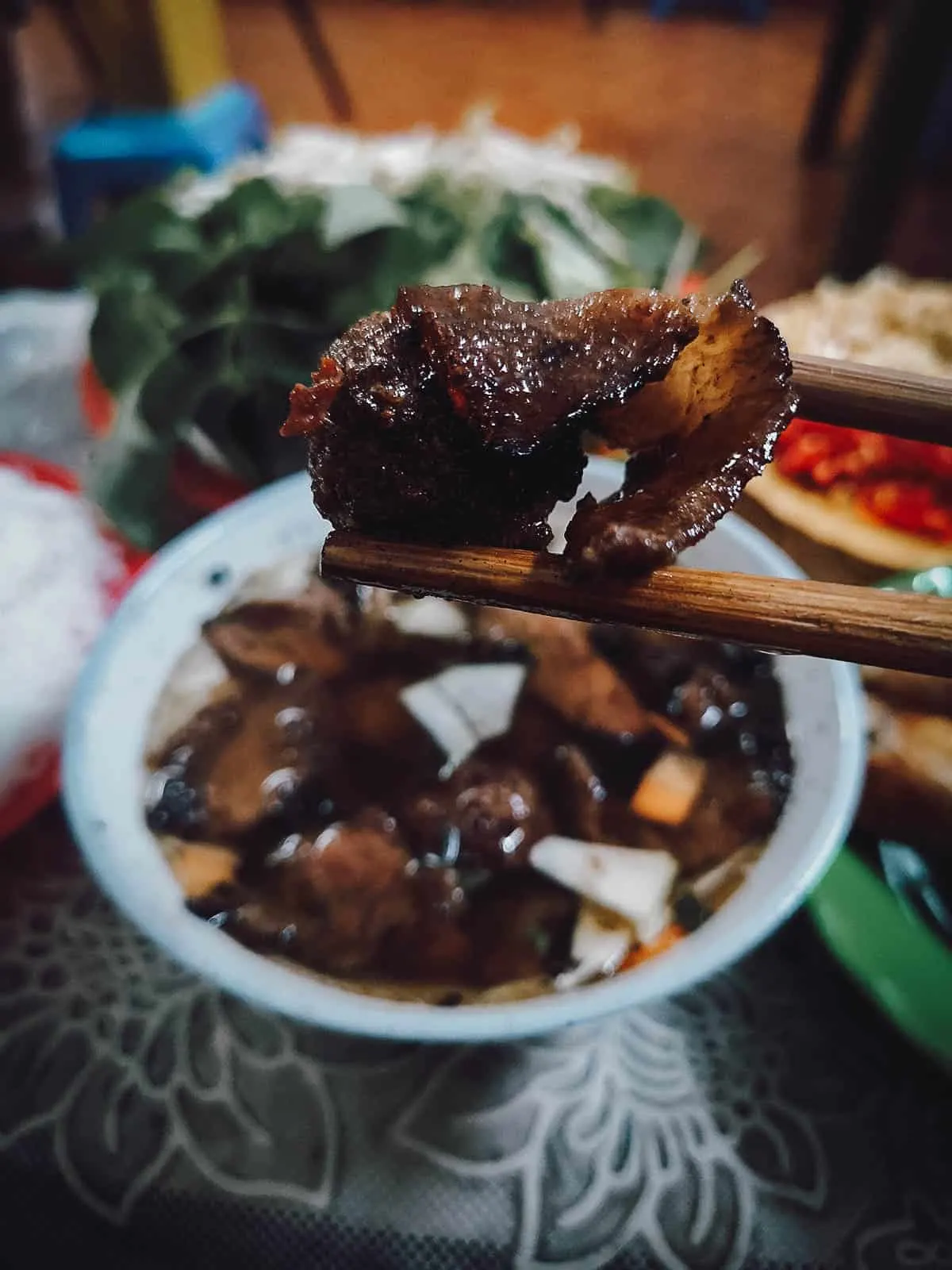 Bun cha in Hanoi, a tasty Vietnamese dish made with rice noodles and grilled pork