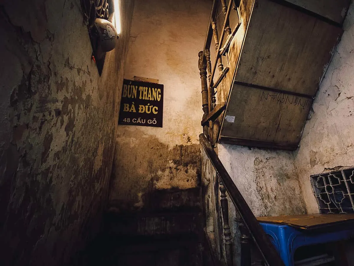 Staircase leading up to Quán Bún Thang Bà Đức restaurant in Hanoi