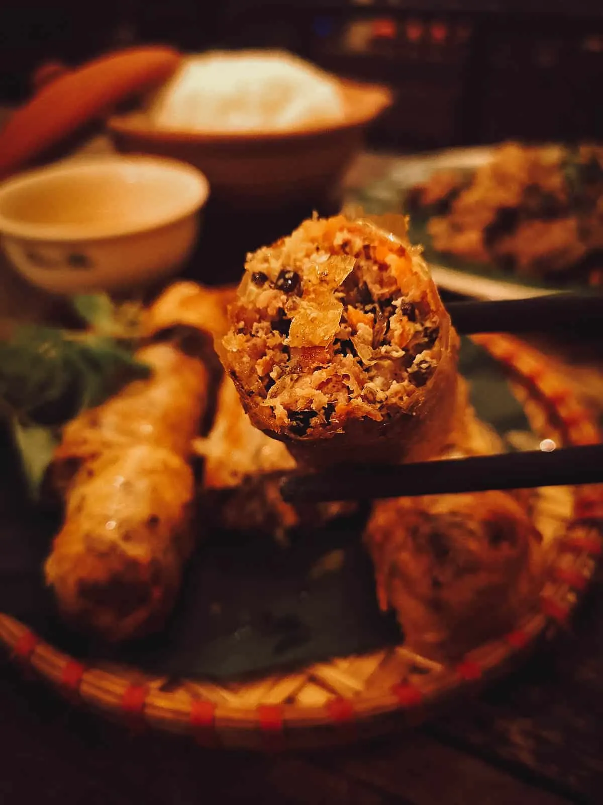 Vietnamese spring rolls at Chim Sao restaurant in Hanoi