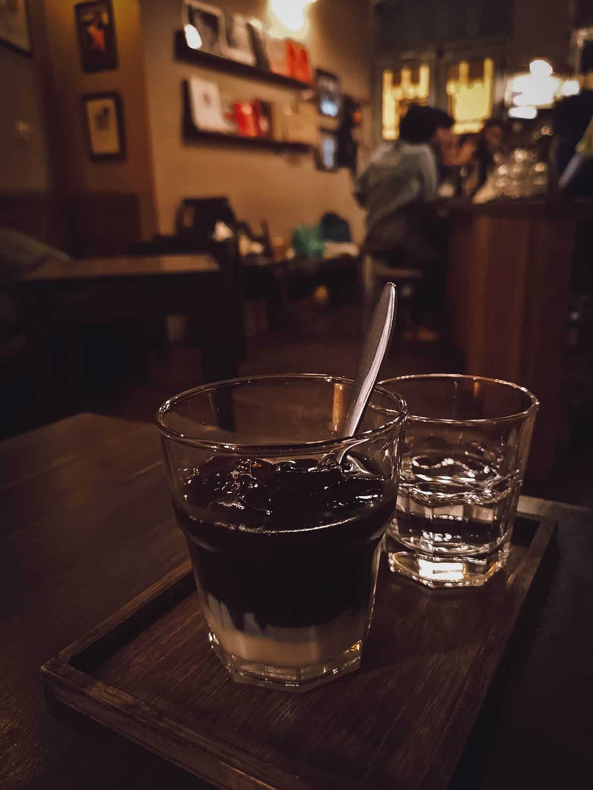 Iced milk coffee at Tranquil Books & Coffee in Hanoi, Vietnam