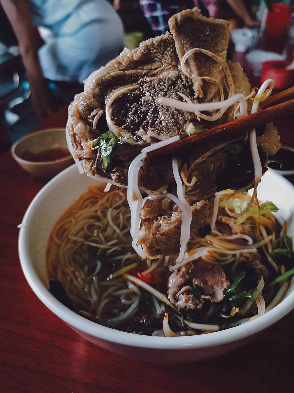 Bun bo with bean sprouts, a delicious Vietnamese beef noodle soup in Hue