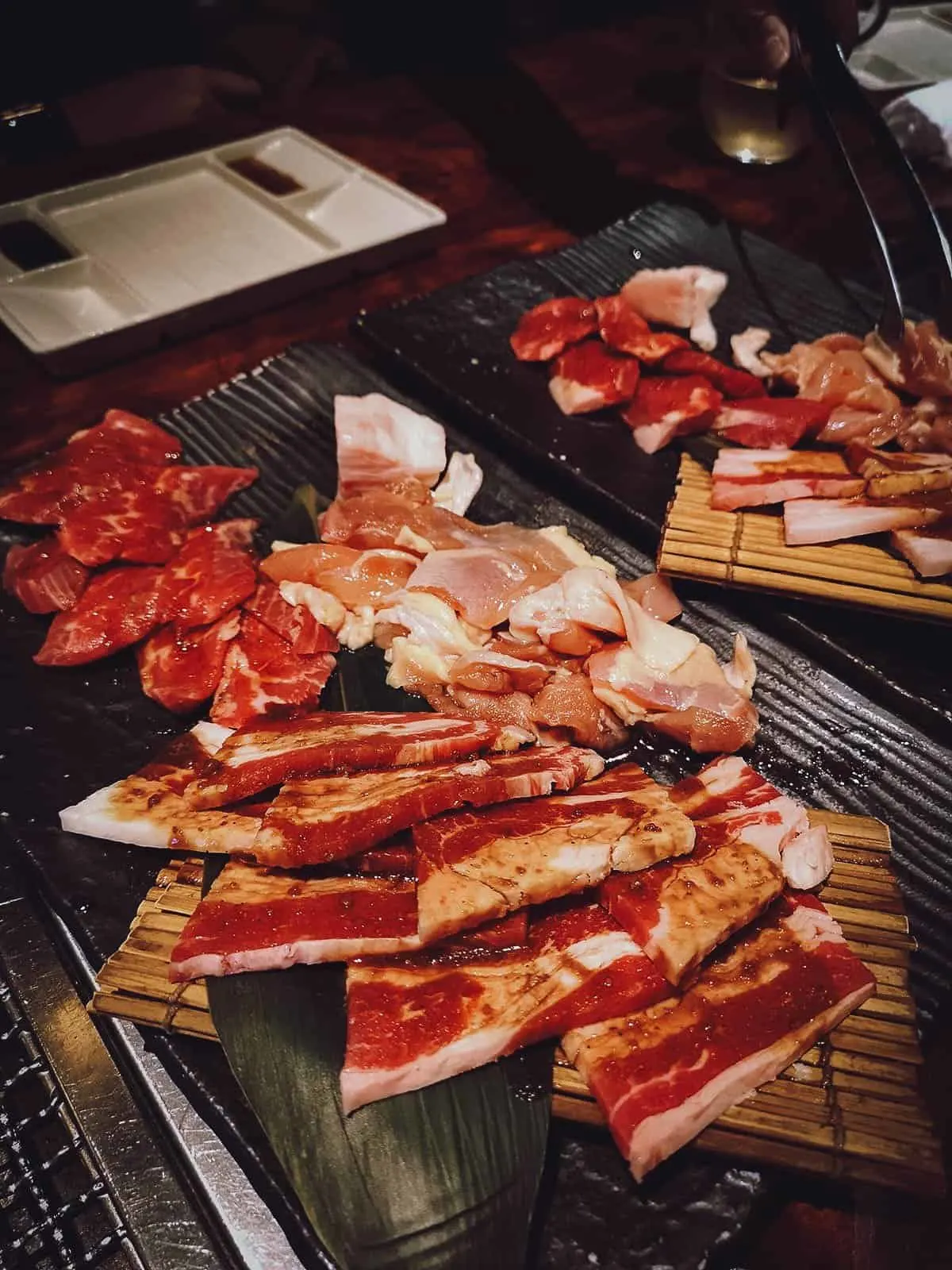 Raw marinated meats at Yakiniku Nurubon in Fukuoka