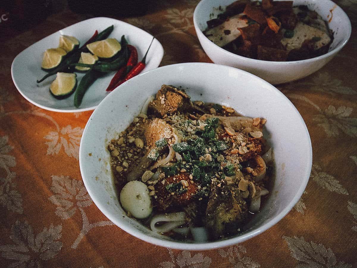 Bowls of Vietnamese food at My Quang Bich restaurant in Hoi An