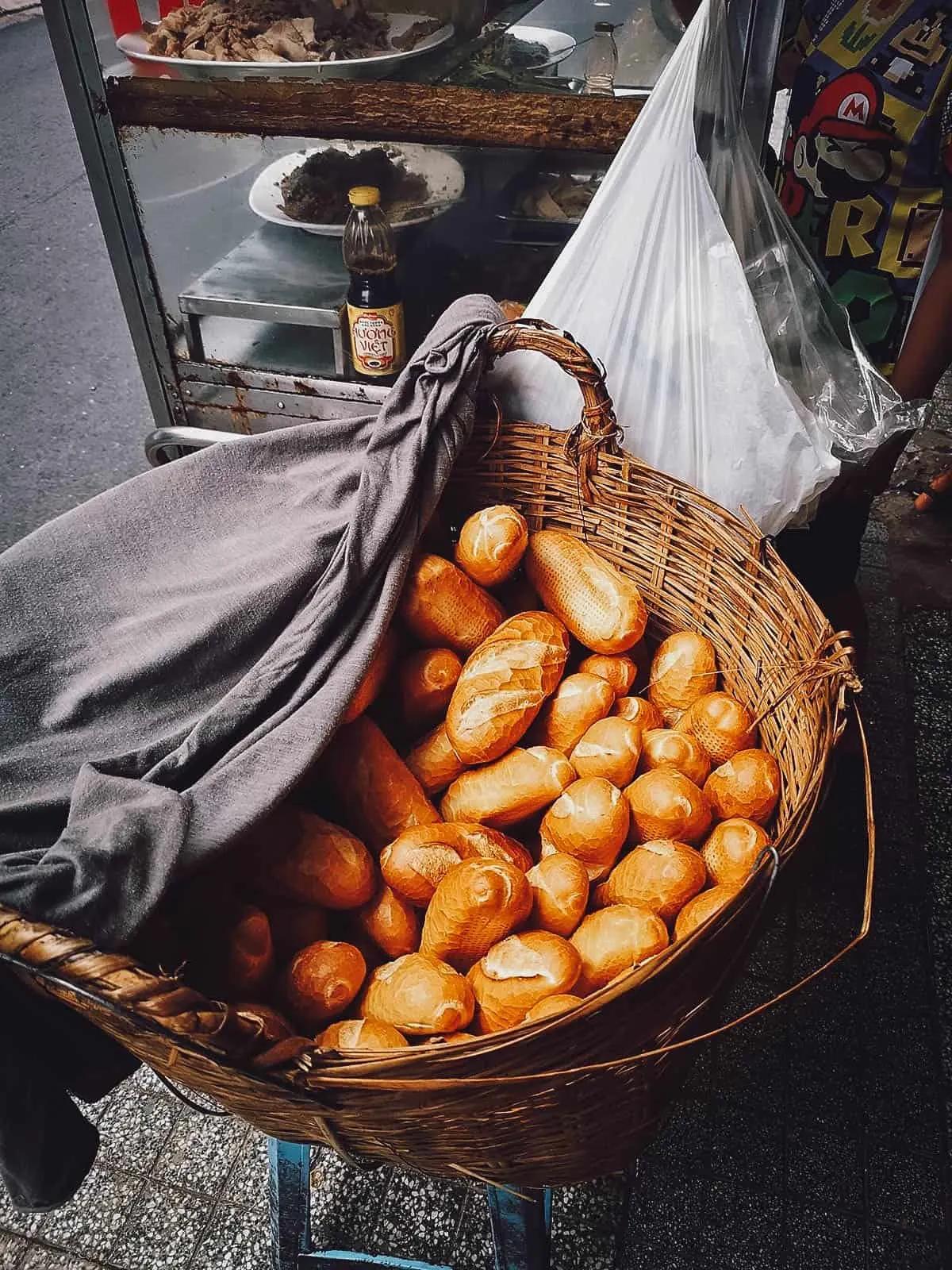 Basket of banh mi at Banh Mi Bay Ho in Saigon