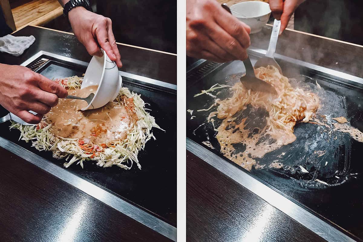 Making monjayaki at 好美家 in Tokyo, Japan