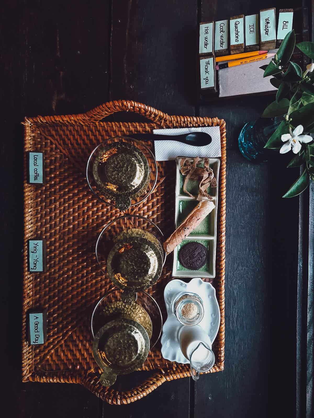 Coffee tasting set at Reaching Out Tea House in Hoi An, Vietnam