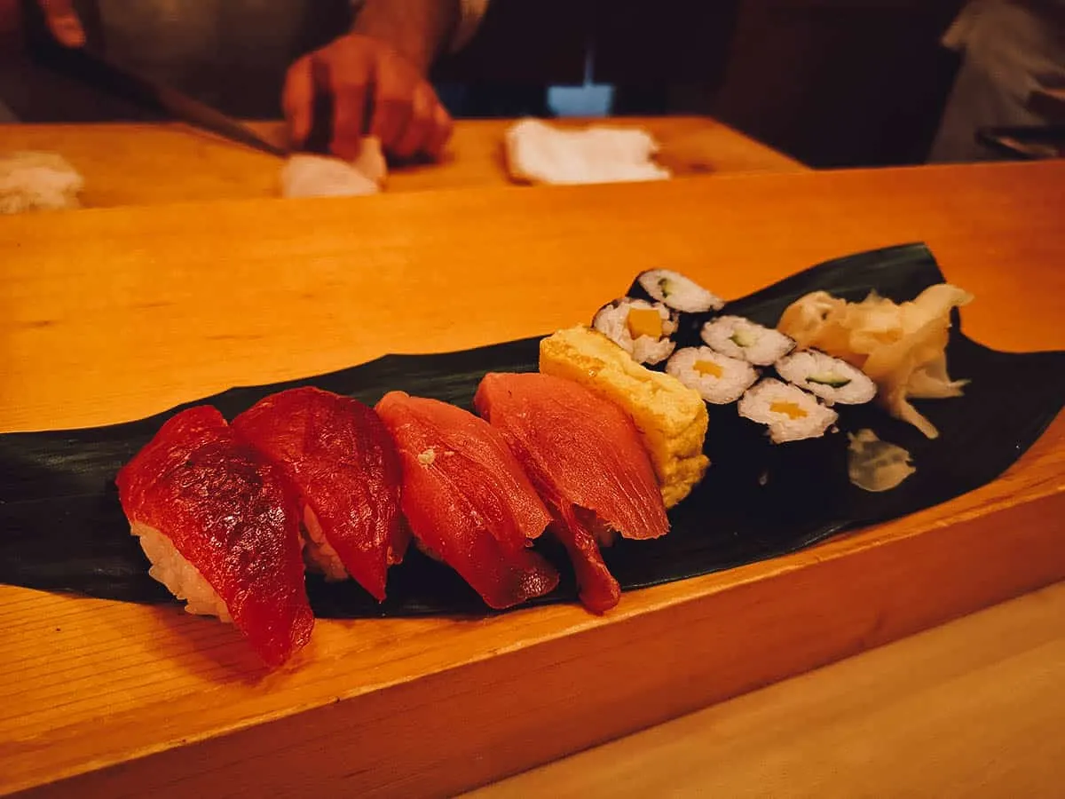 Sushi chef preparing lunch sushi set at Sushi Katsura in Tokyo, Japan