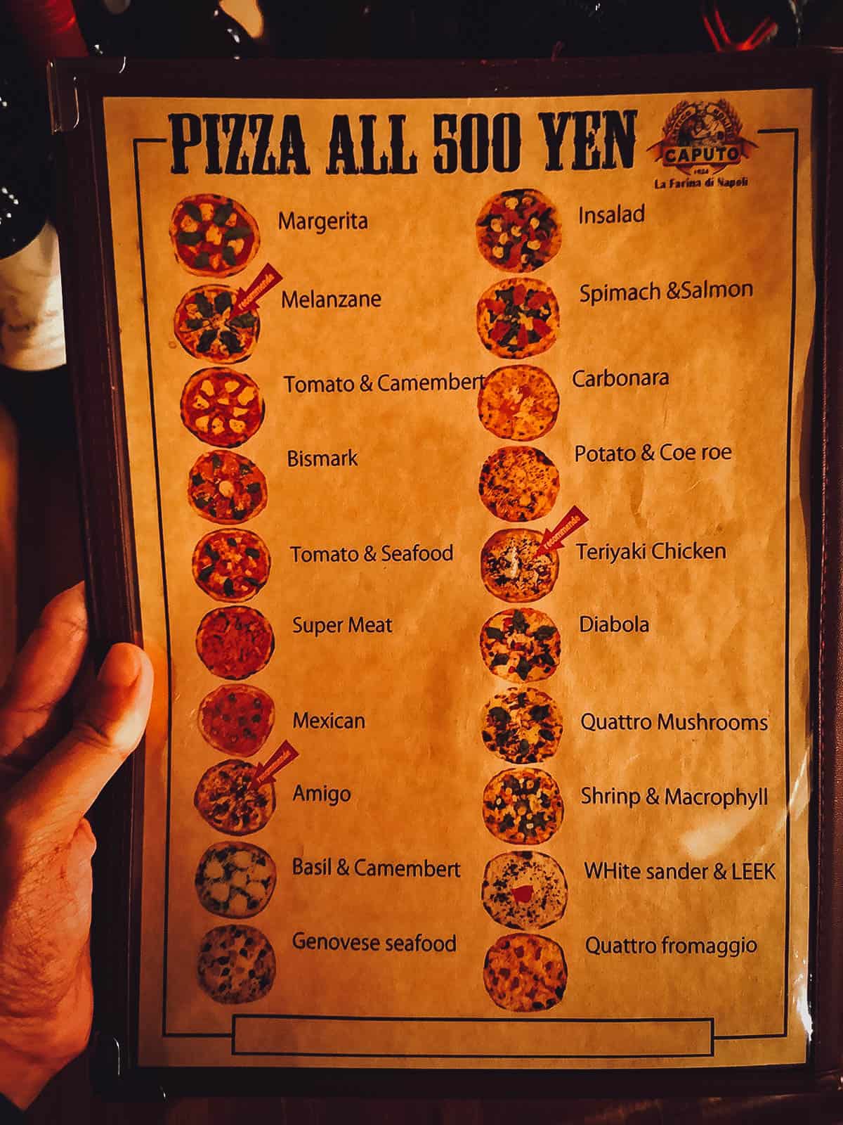 Pizza menu at Ueno 500 Bar in Tokyo, Japan