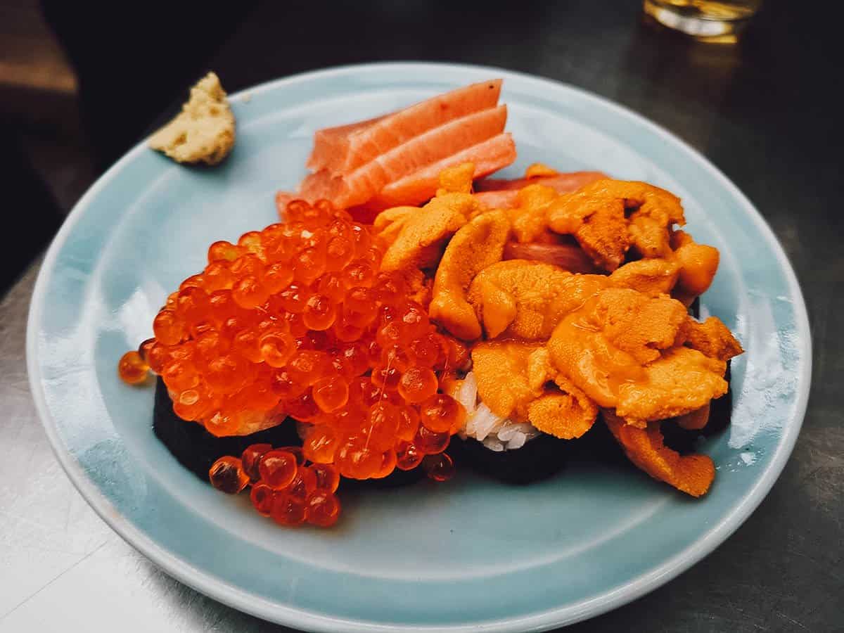 Ikura, toro, and uni at Izakaya Toyo restaurant in Osaka