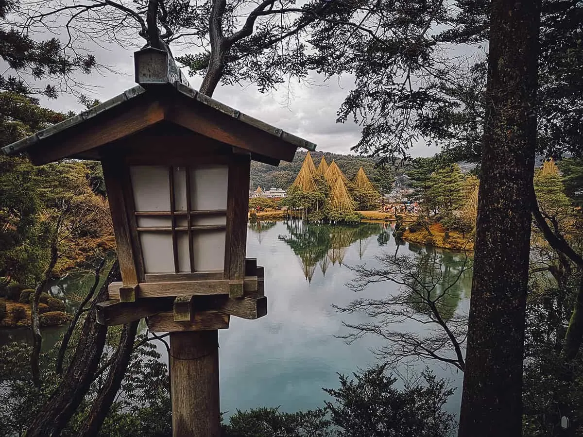 View of the pond at Kenroku-en, one of the most famous landscape gardens in Ishikawa, Chubu, Japan