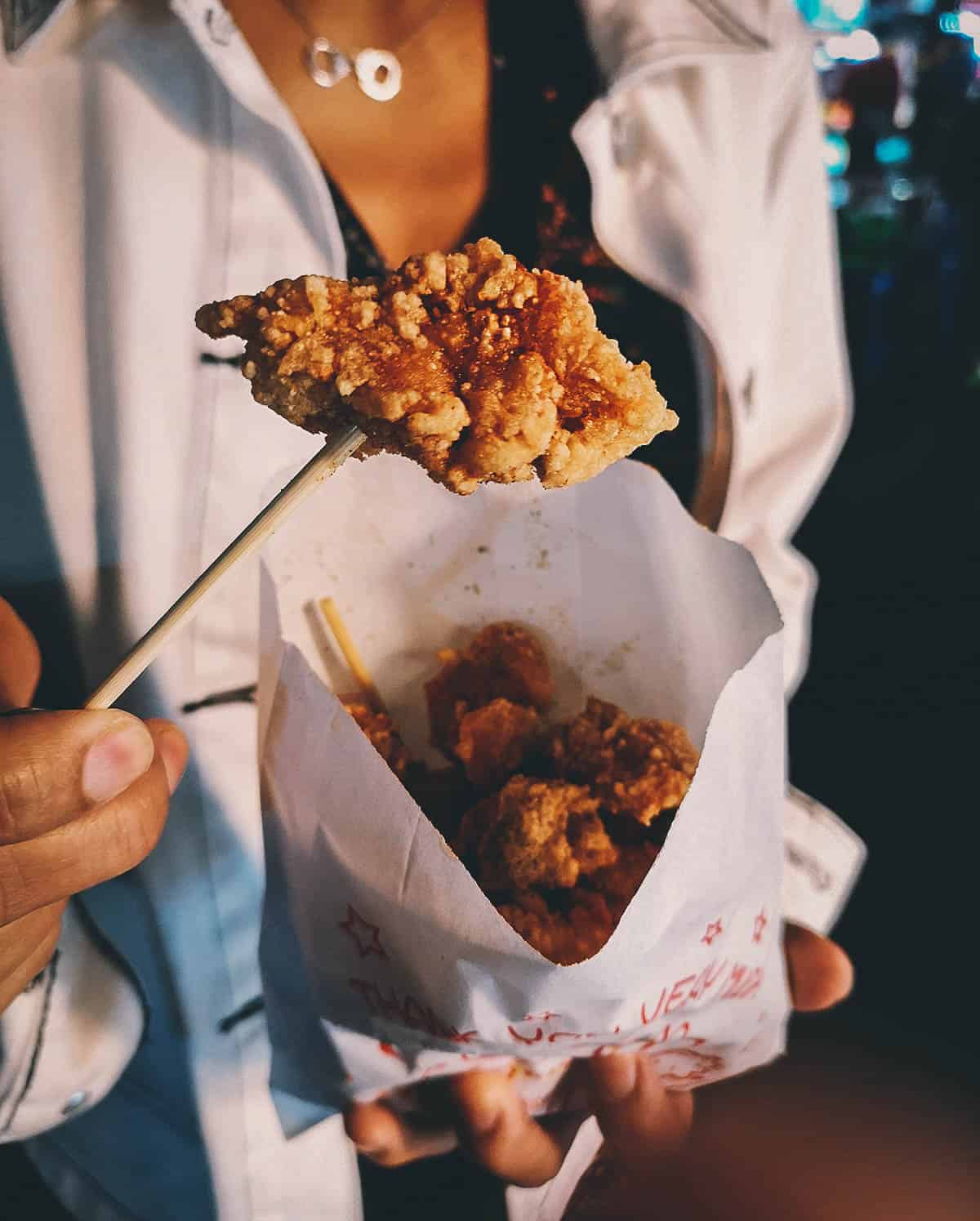 Fried chicken nuggets at Liouhe Night Market in Kaohsiung, Taiwan