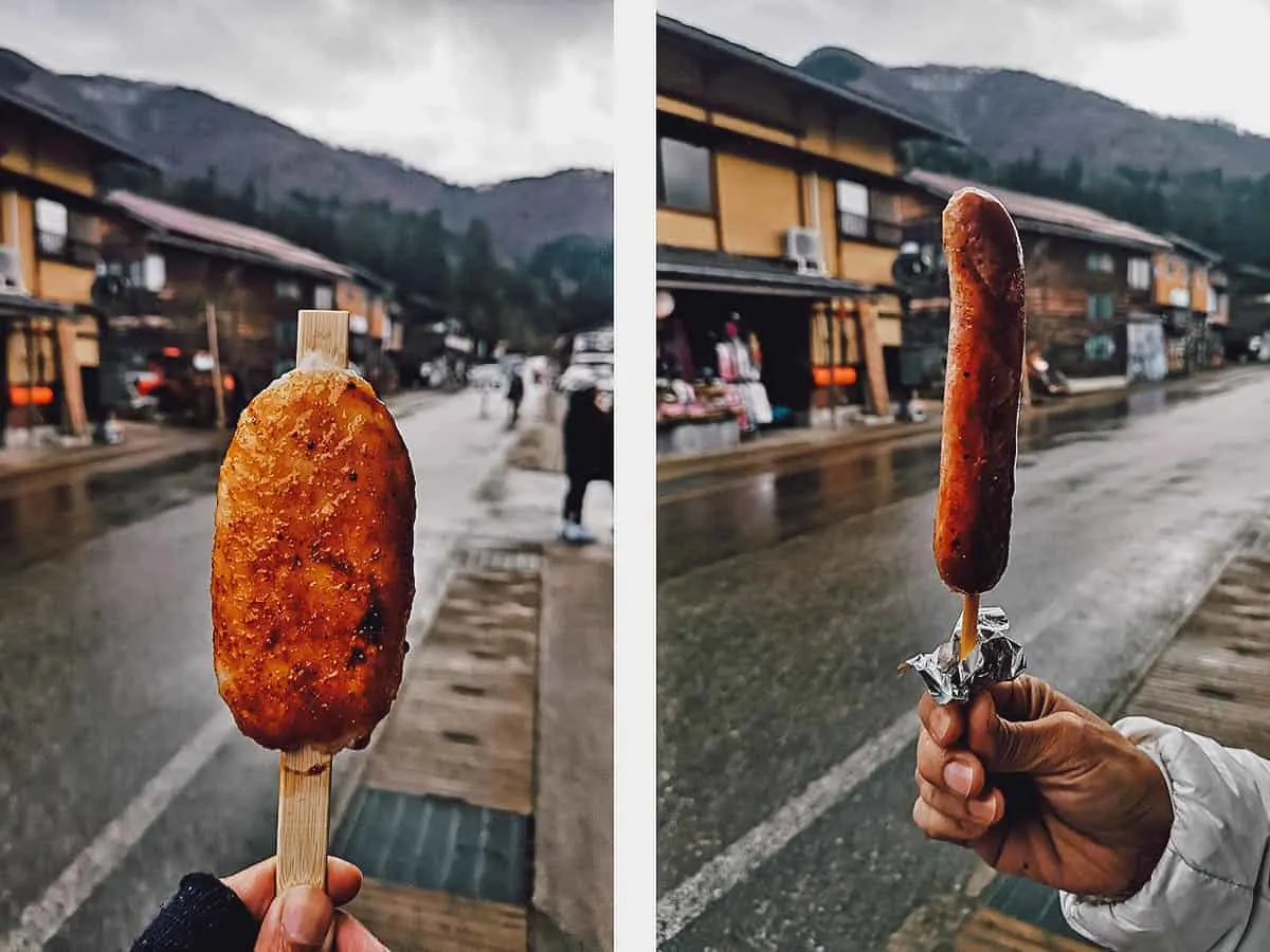 Mochi and sausage in Shirakawa-go