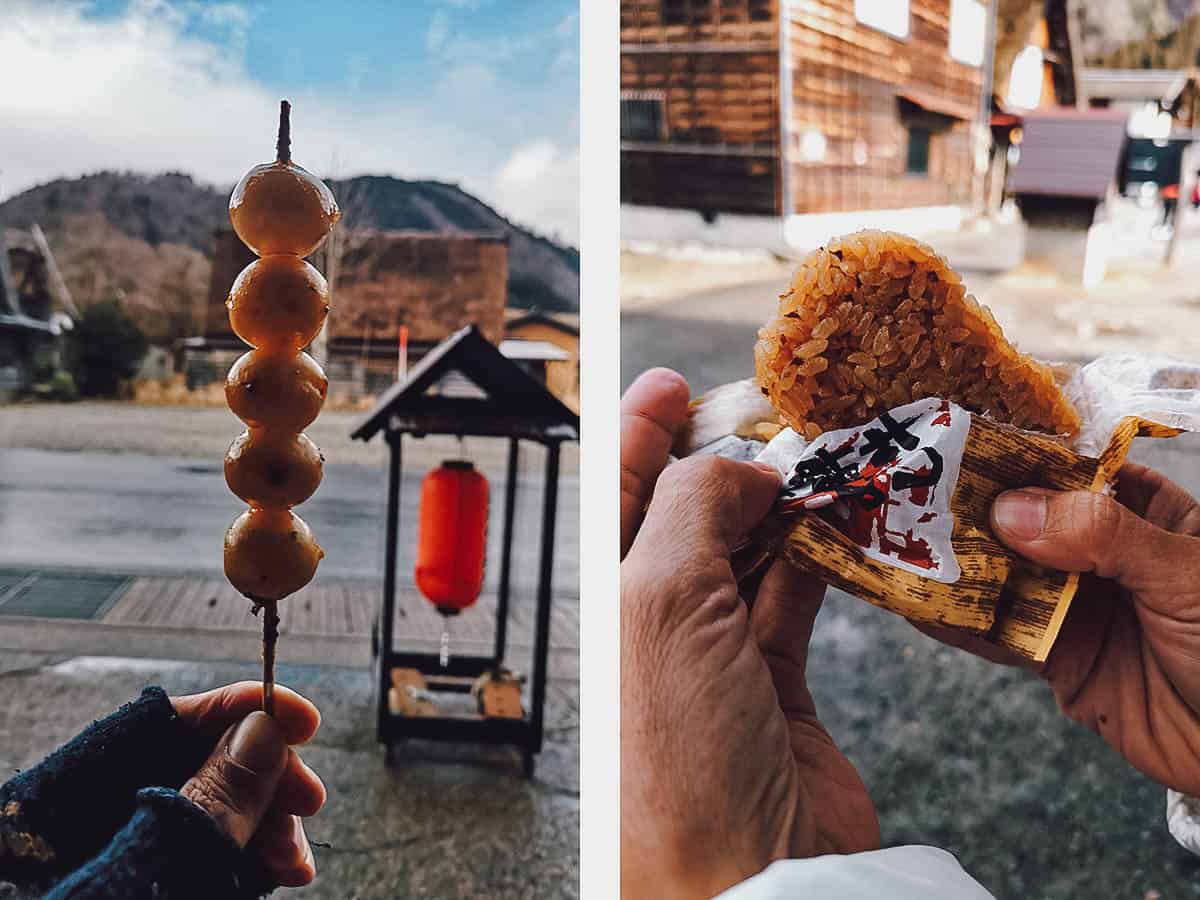 Mochi and Hida beef rice snack in Shirakawa-go