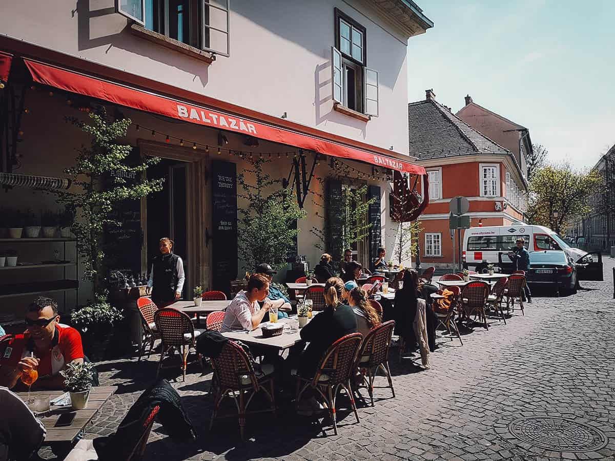 Outdoor seating at Baltazar Grill and Wine Bar, a classic Eastern European restaurant in District I, Budapest