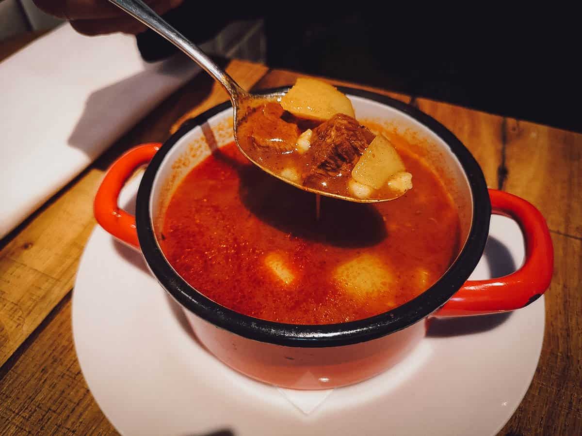 Goulash or Hungarian beef stew at Baltazar Grill and Wine Bar, a traditional Eastern European restaurant in District I, Budapest
