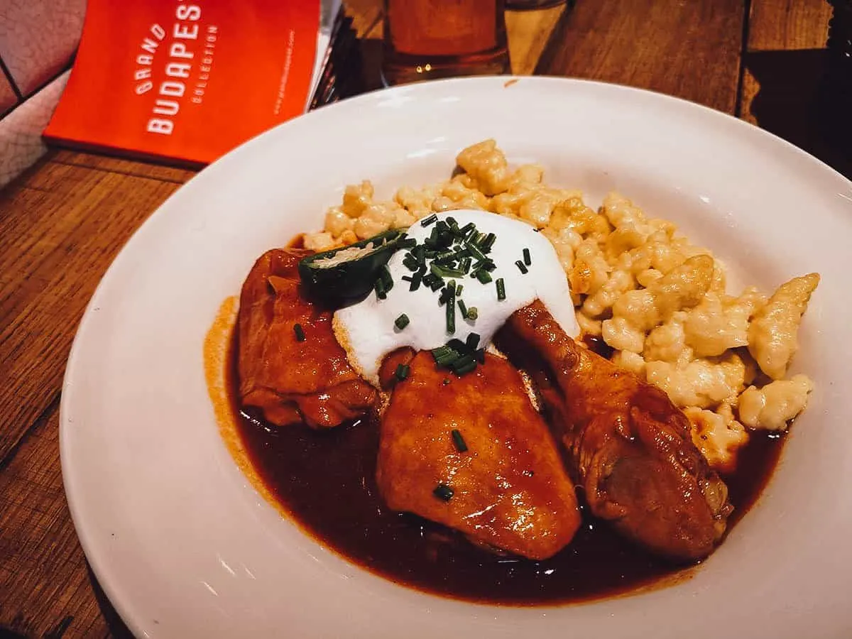 Hungarian chicken paprikash topped with sour cream