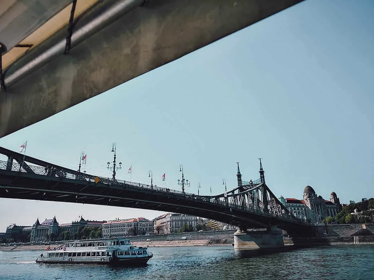 Passing Széchenyi Chain Bridge on the Danube River en route to Margaret Island in Budapest, Hungary