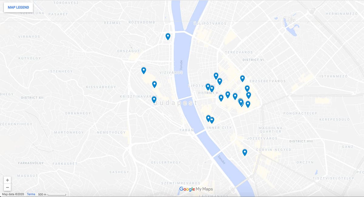 Budapest city center map with pins