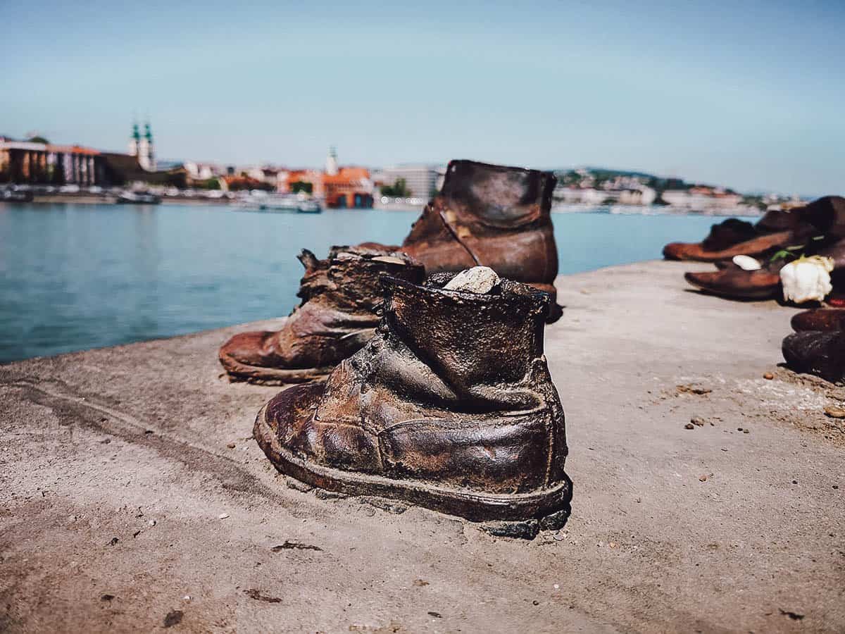 Shoes on the Danube Bank sculpture along the Danube River in Budapest, Hungary – a memorial to victims of World War II