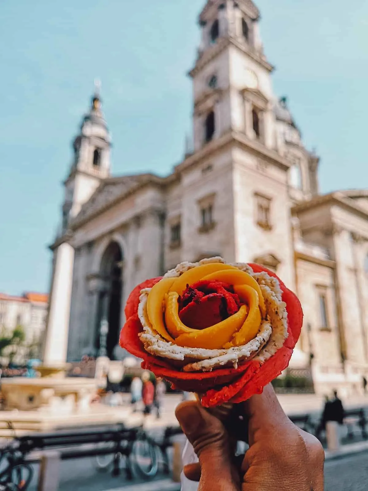 Rose-shaped gelato in front of St. Stephen's Basilica in Budapest