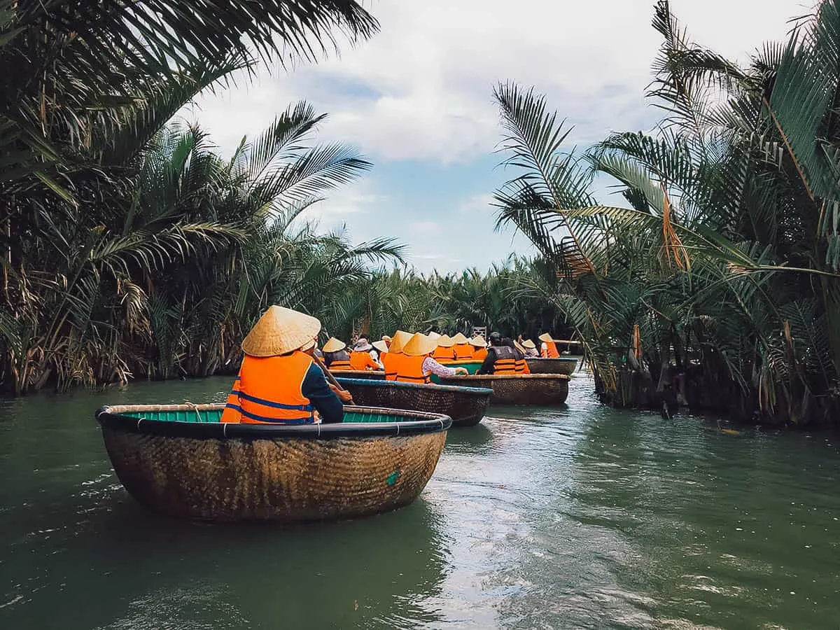 Tourists riding basket boats in Hoi An, Vietnam