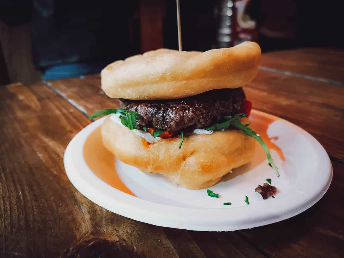 Langos burger at Karavan Street Food, Budapest, Hungary