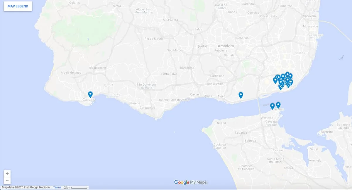 Lisbon Restaurants Map with pins