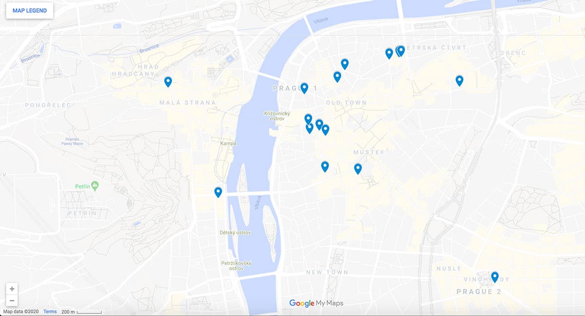 Prague map with pins