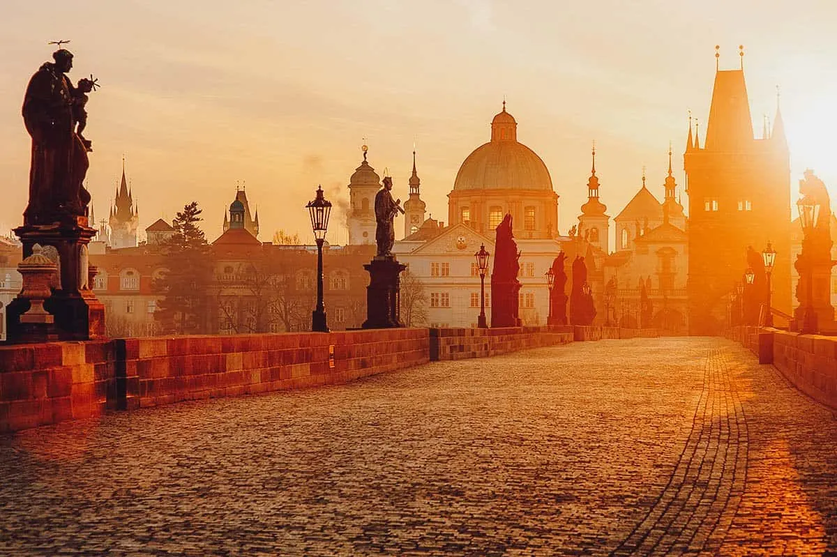 Prague Travel Guide Charles Bridge at sunrise in Prague, Czechia