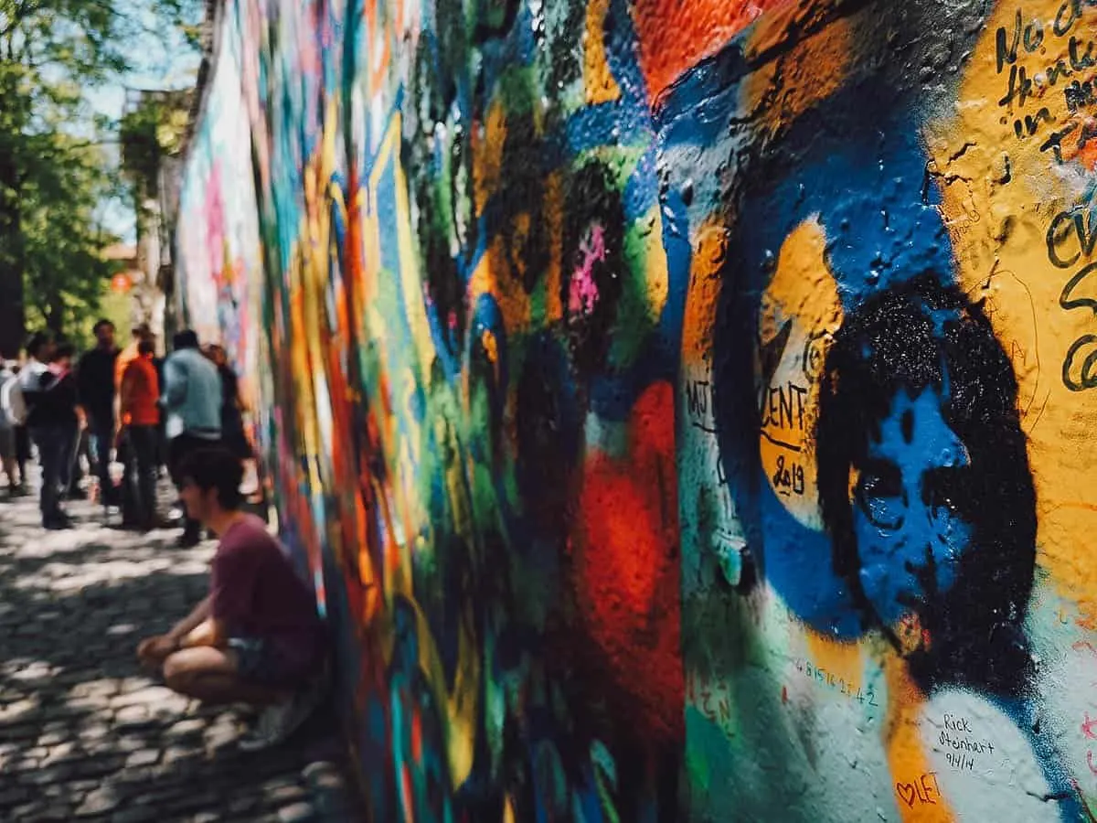 Close-up of the John Lennon Wall in Prague, Czechia